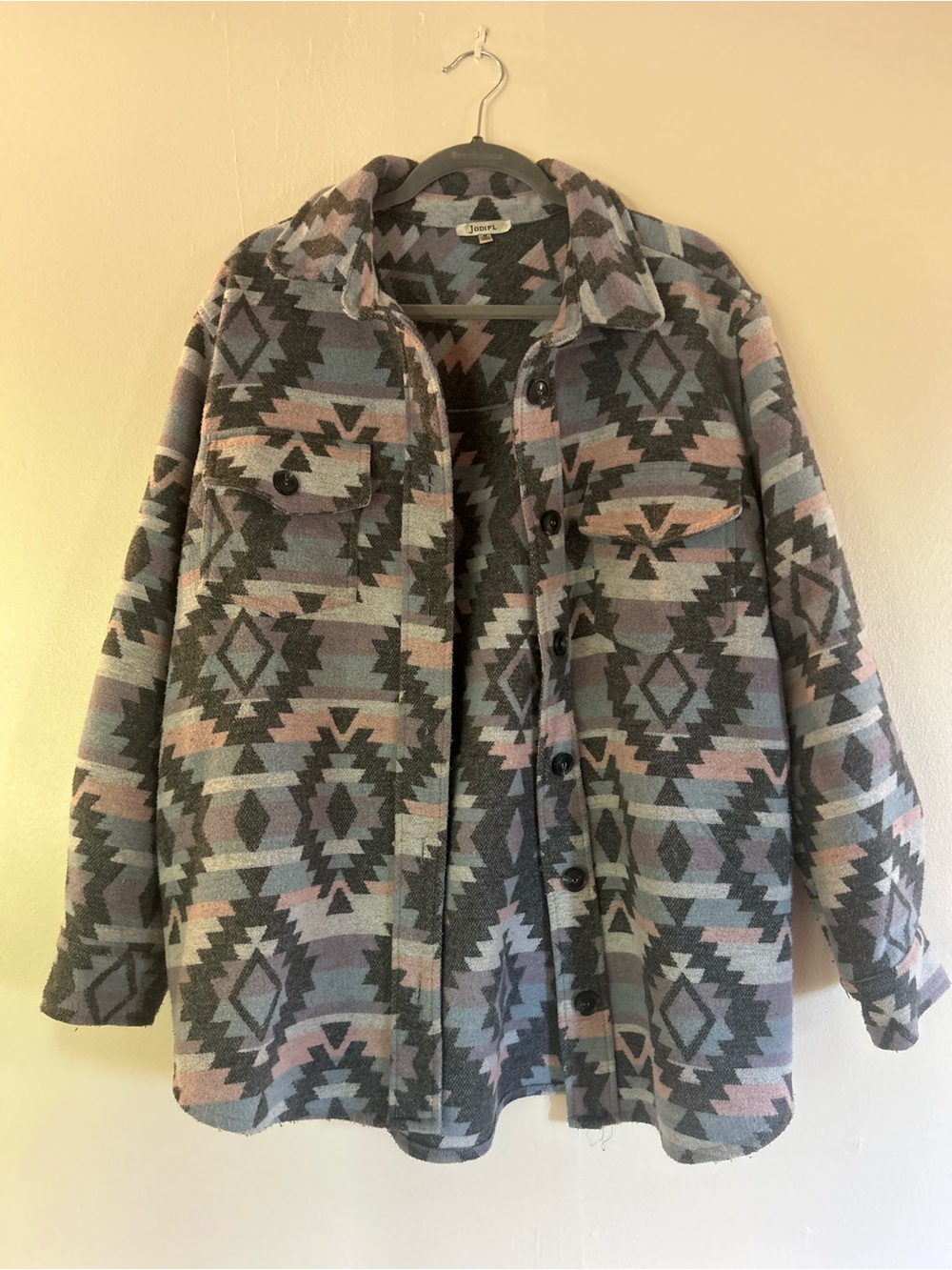 JODIFL Aztec Utility Shacket in Gray, Pink & Blue